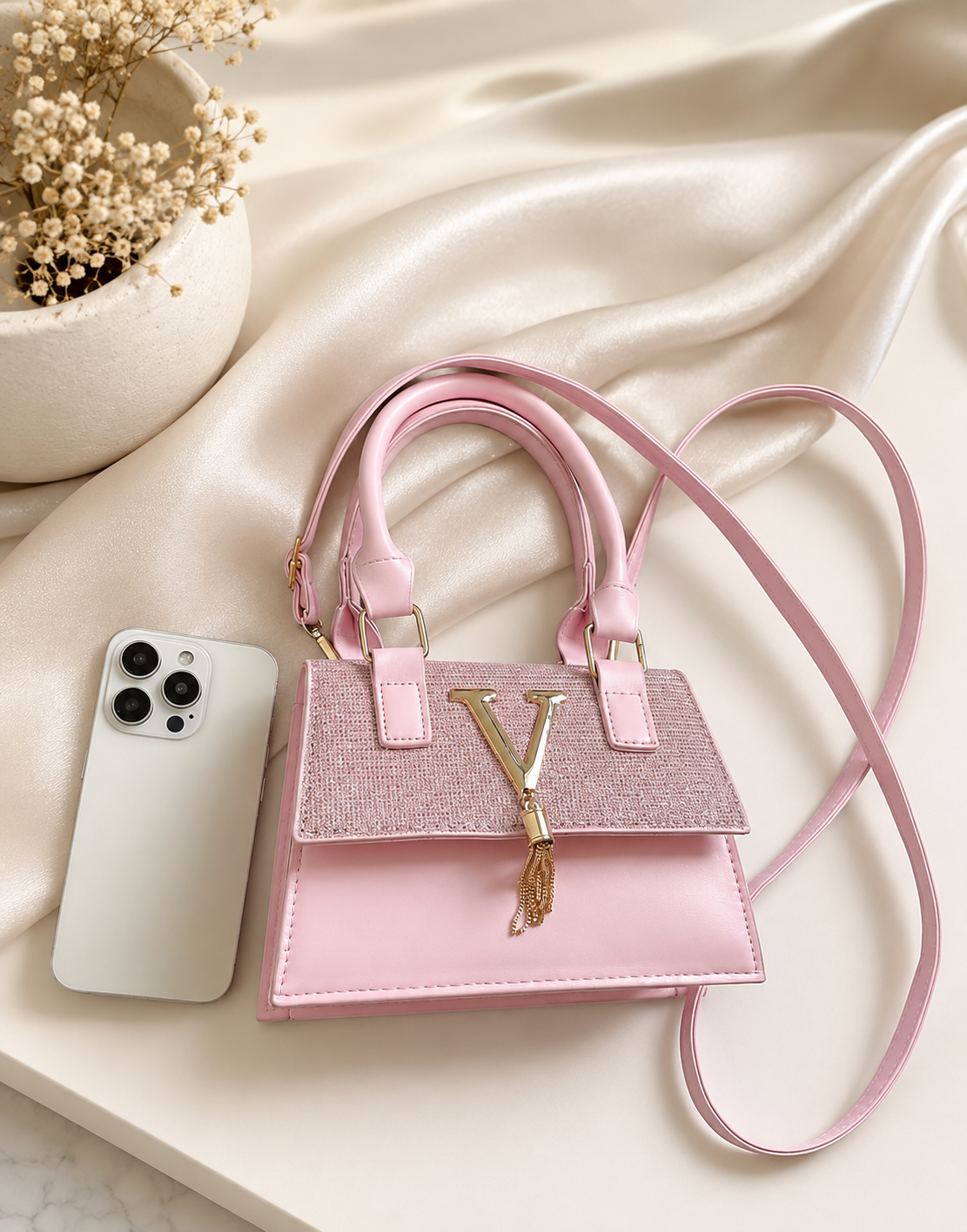 Sparkle Flap Handbag with Gold V-Tassel