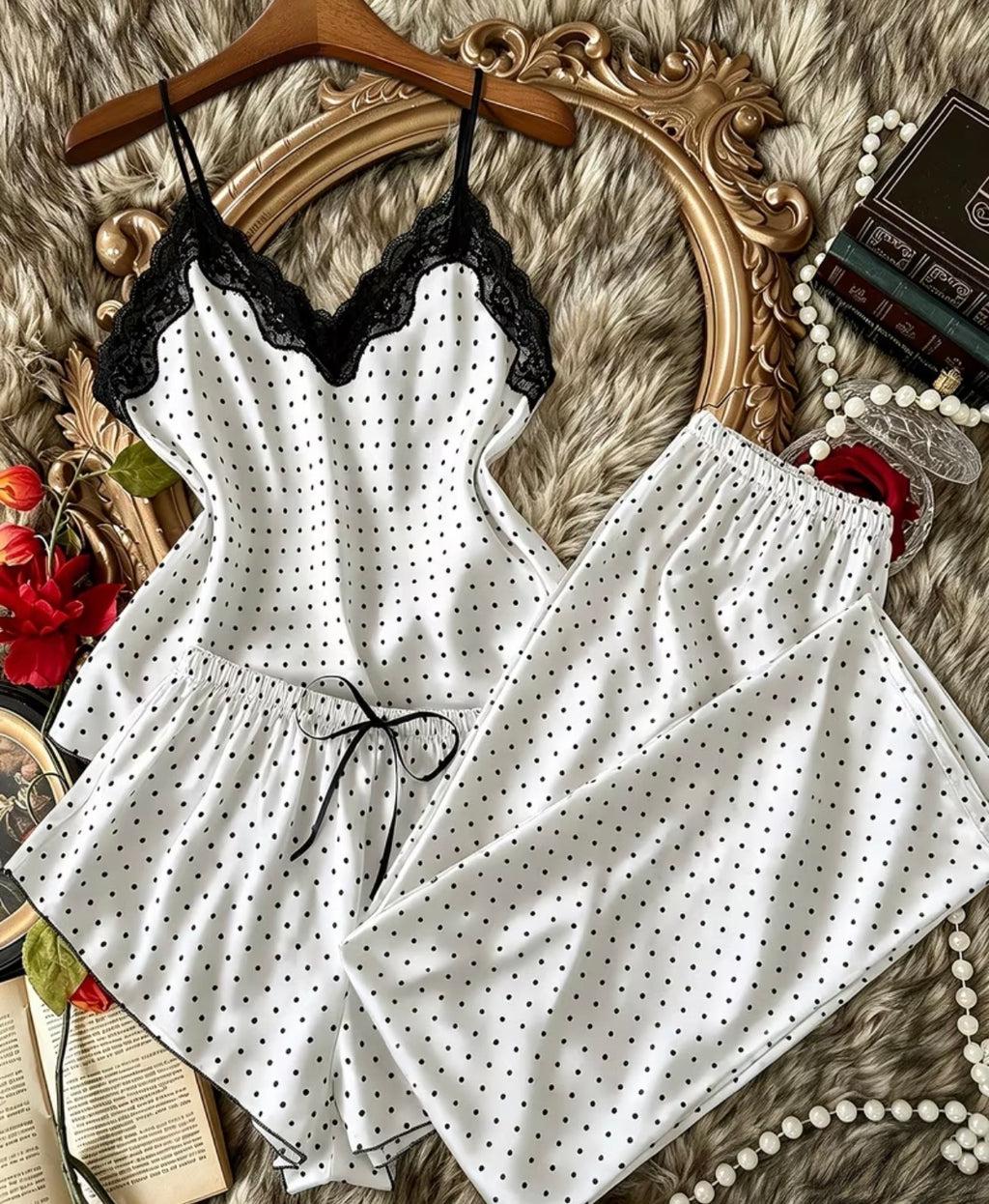 Polka Dot Satin Lace Trim Lounge & Sleep Set (3-Piece Option Displayed)