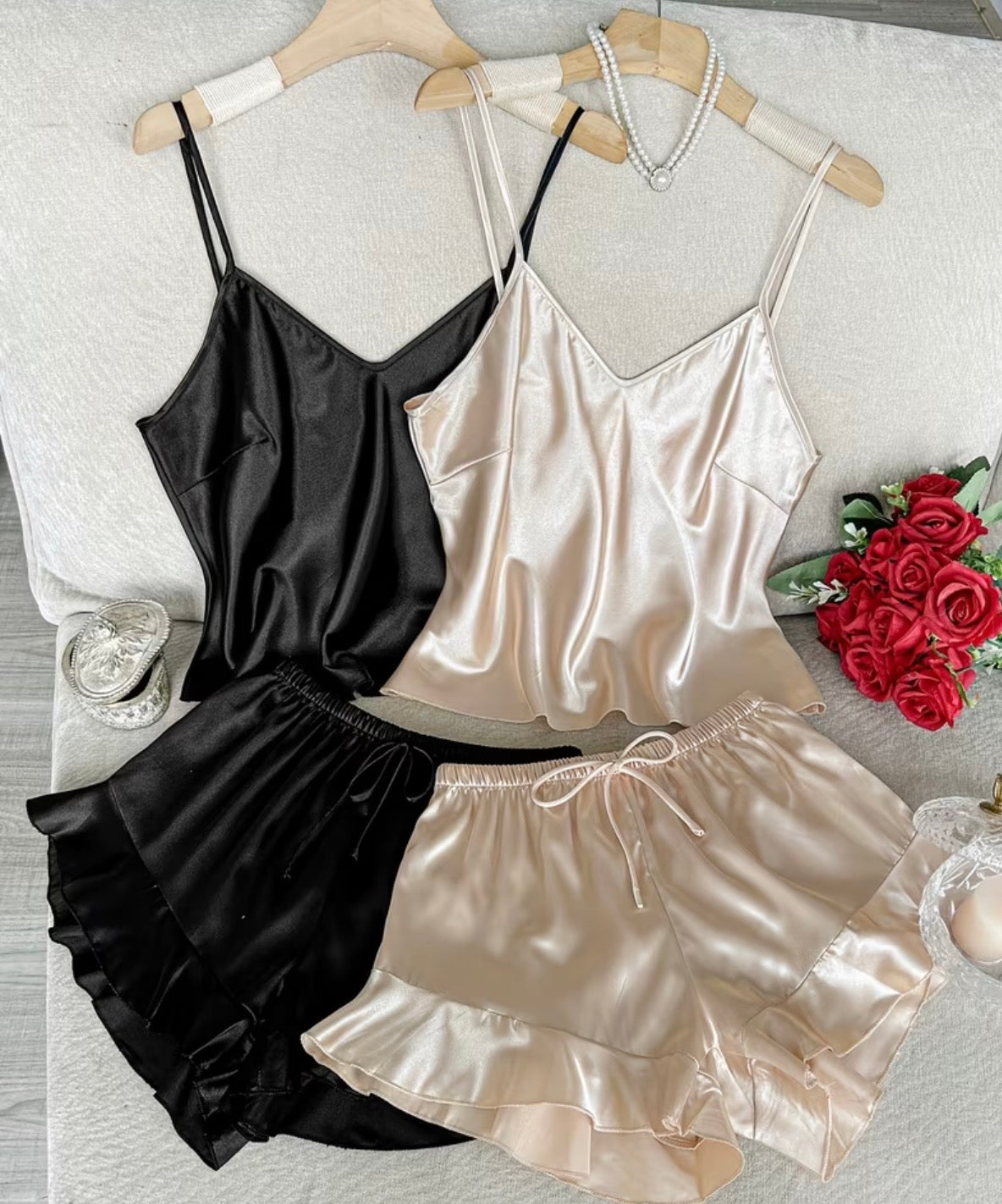 4 piece Satin Cami & Ruffle Shorts Lounge Set