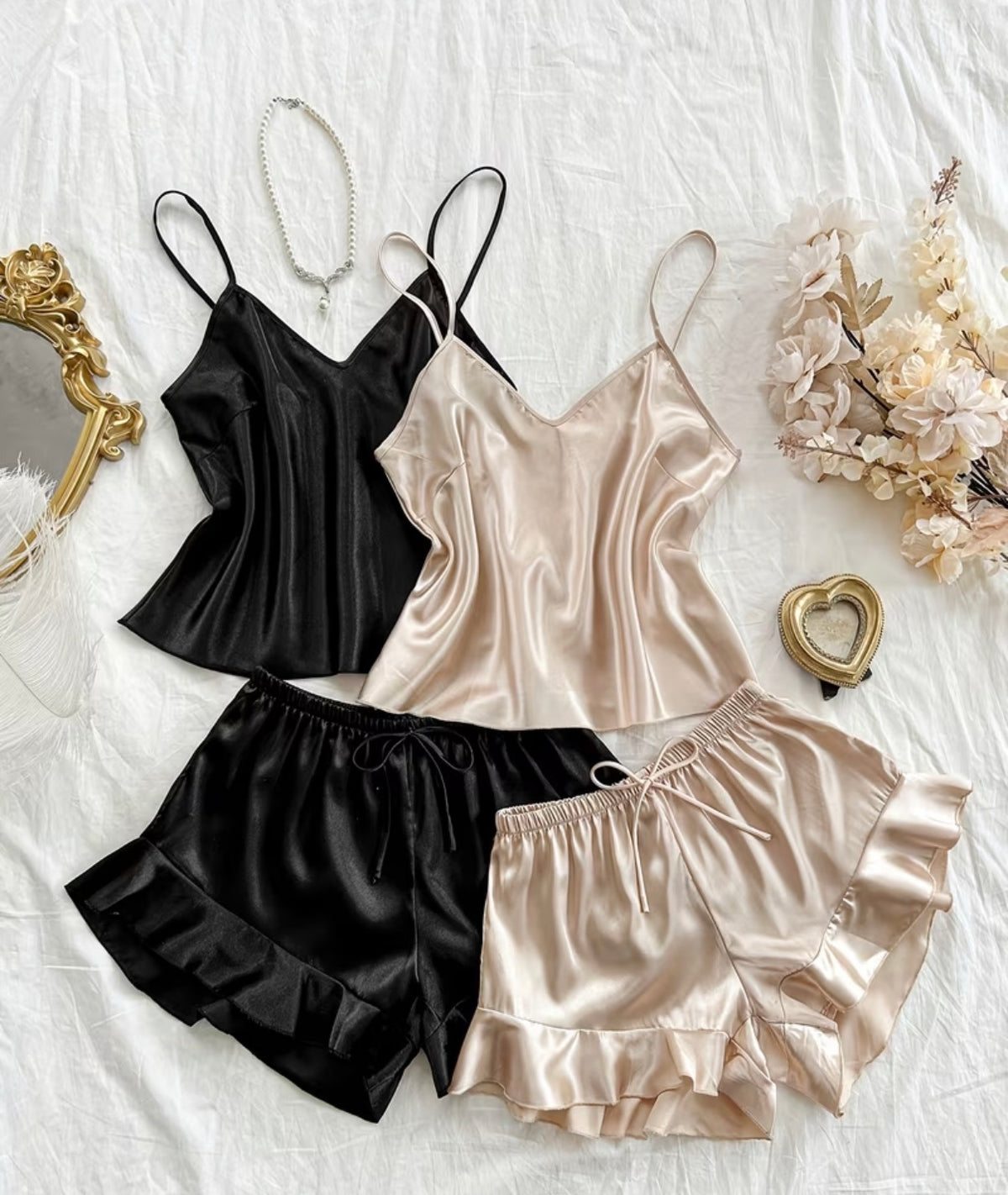 4 piece Satin Cami & Ruffle Shorts Lounge Set