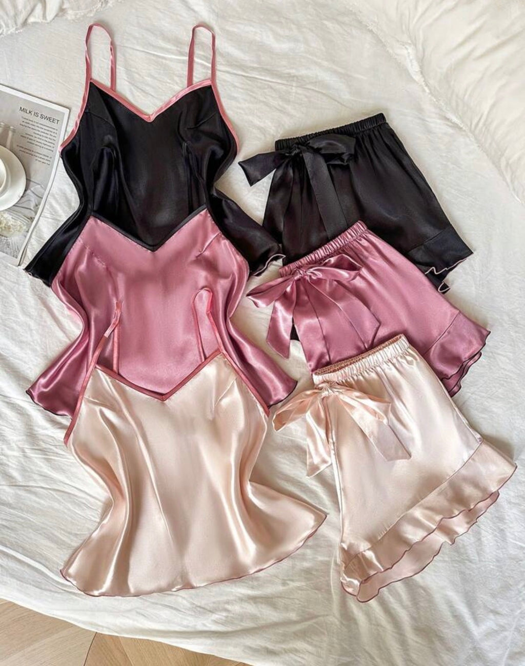 3 piece Satin Cami & Ruffle-Hem Shorts Set
