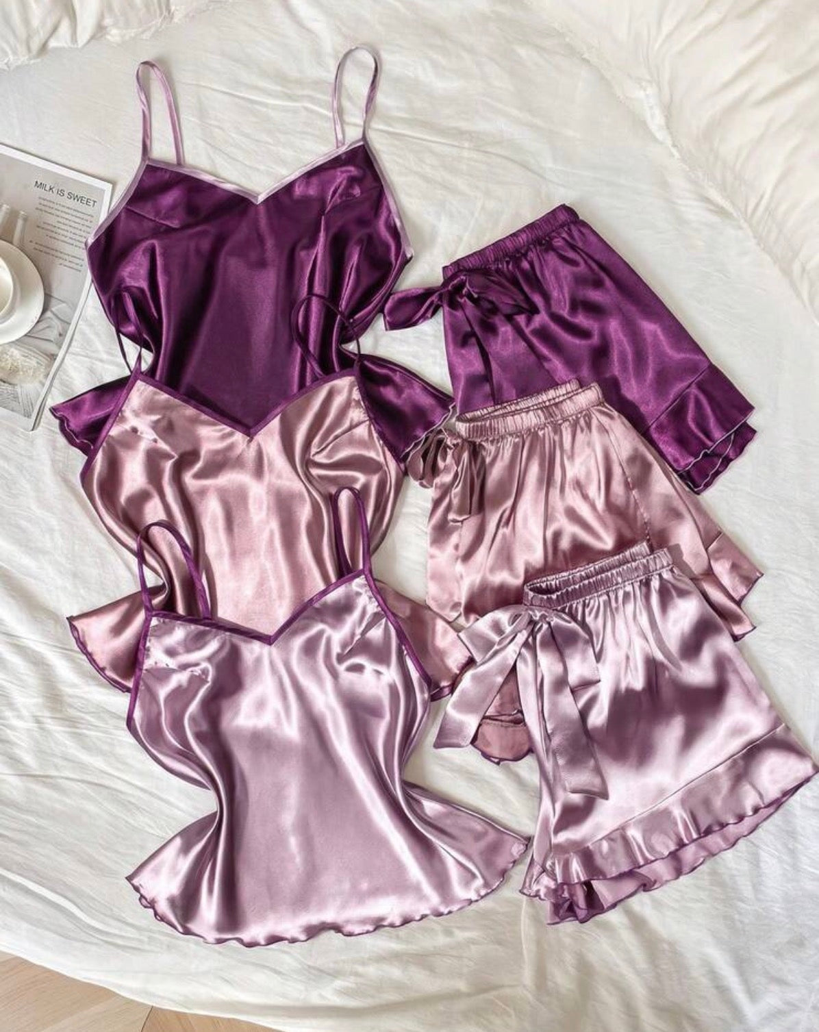 3 piece Satin Cami & Ruffle-Hem Shorts Set