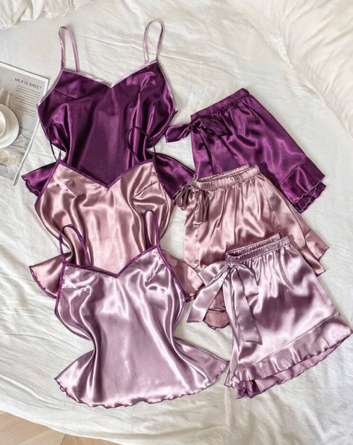 3 piece Satin Cami & Ruffle-Hem Shorts Set