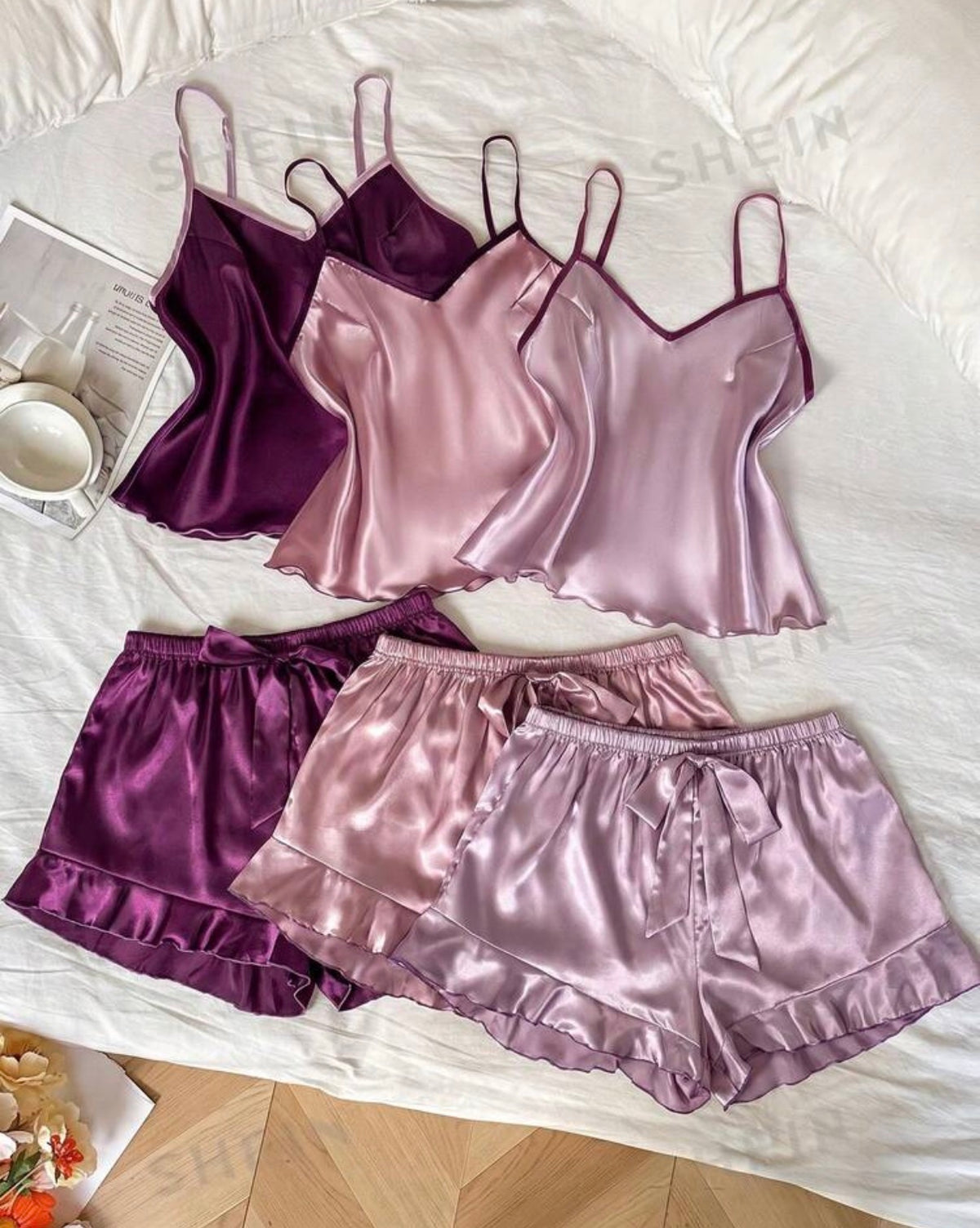 3 piece Satin Cami & Ruffle-Hem Shorts Set