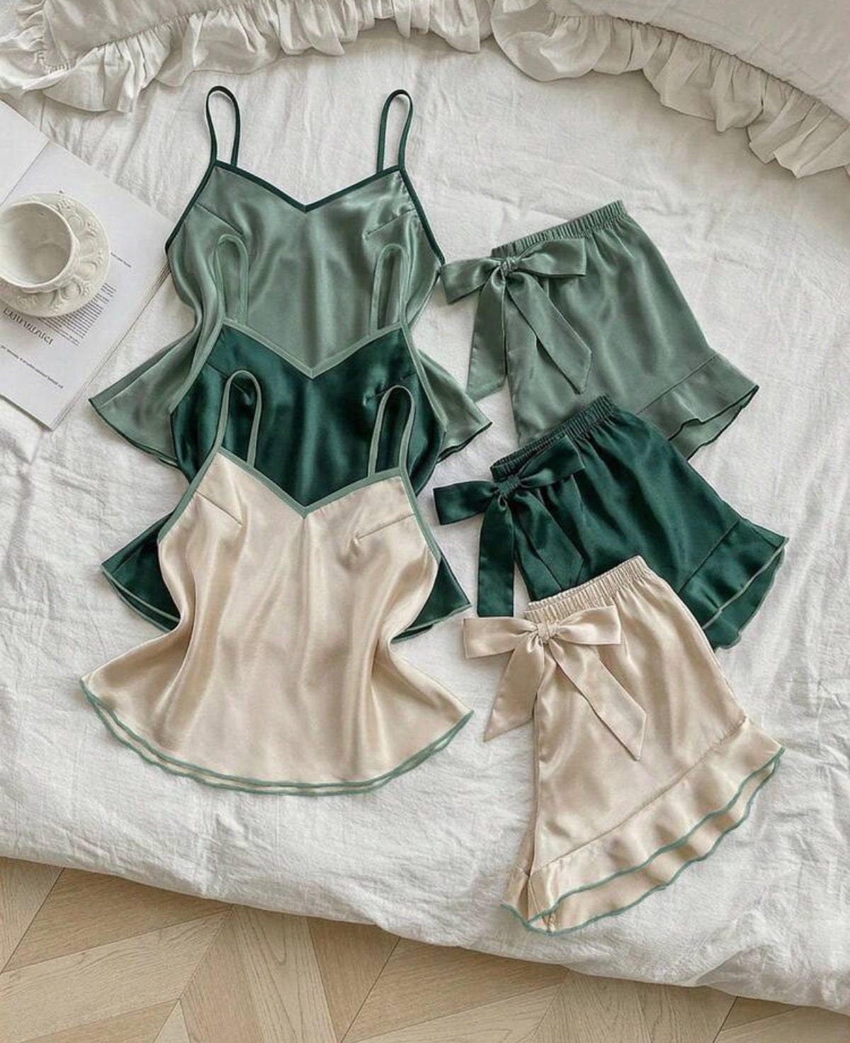 3 piece Satin Cami & Ruffle-Hem Shorts Set
