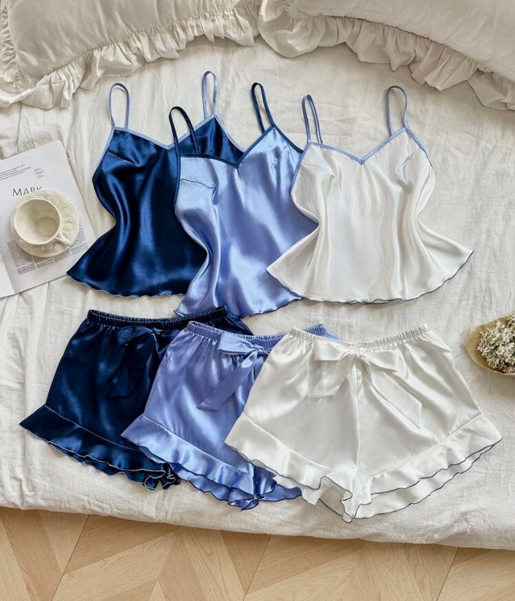 3 piece Satin Cami & Ruffle-Hem Shorts Set