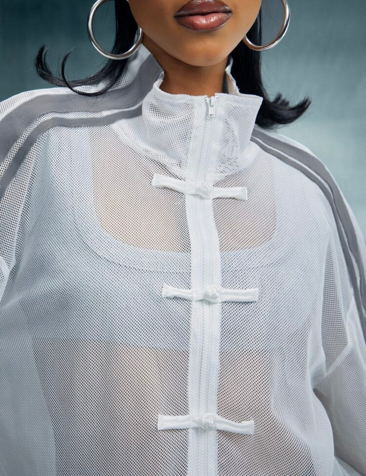 White Mesh Zip-Up Track Jacket