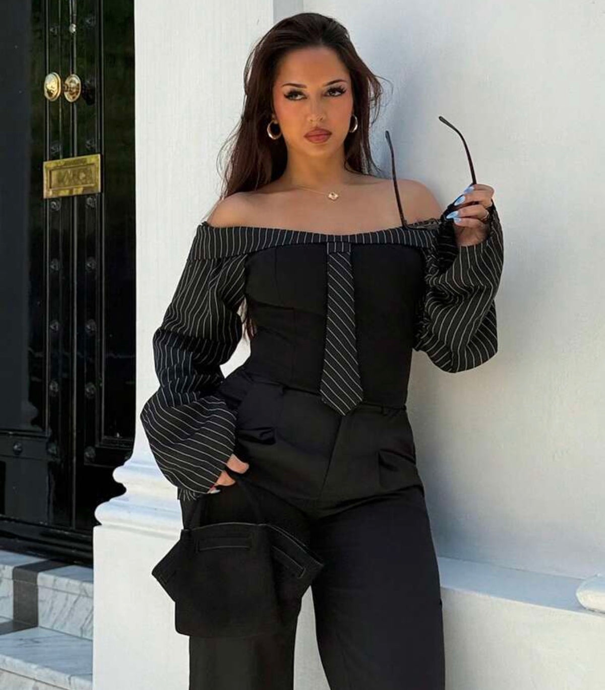 Pinstripe Off-the-Shoulder Top with Tie Detail