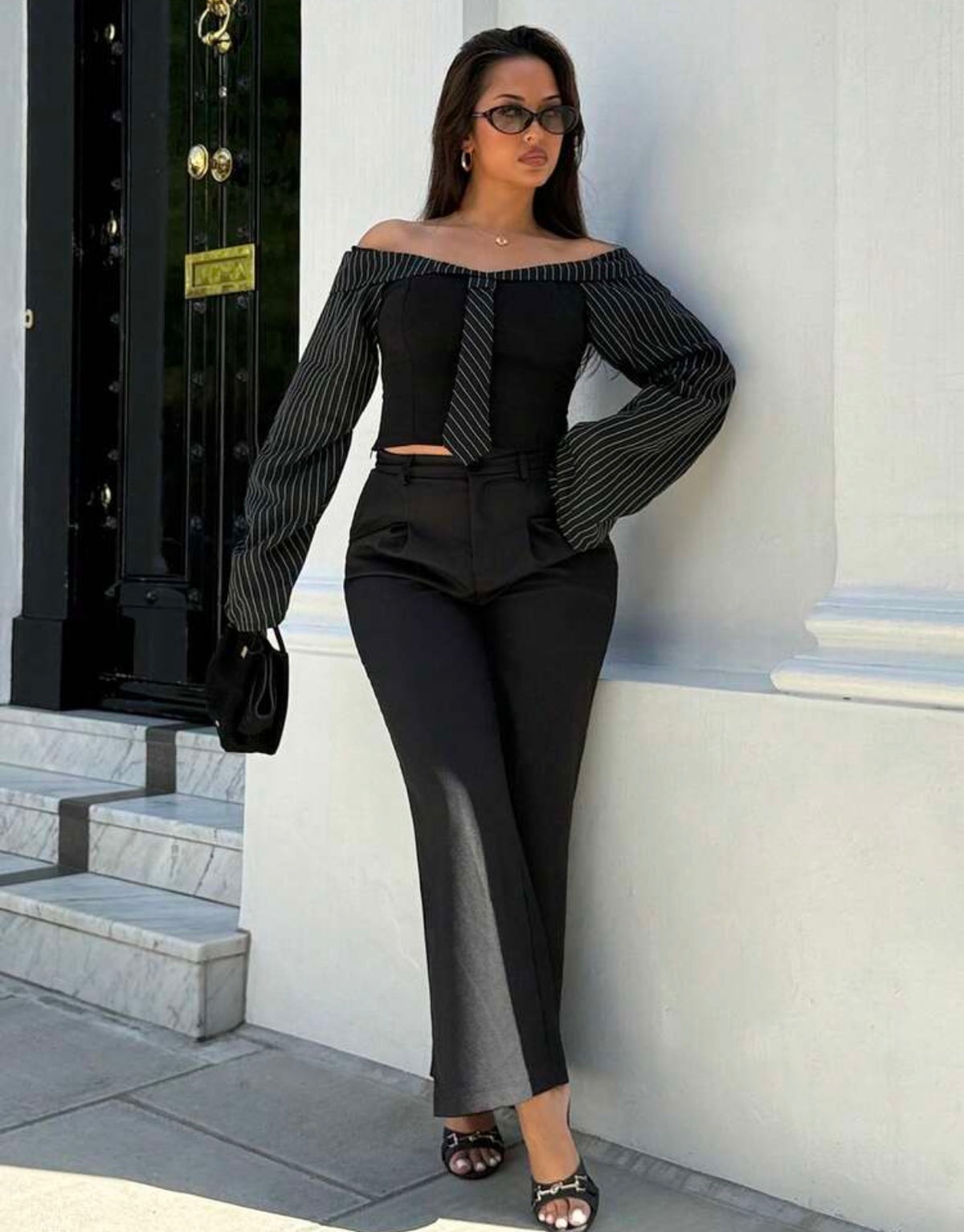 Pinstripe Off-the-Shoulder Top with Tie Detail