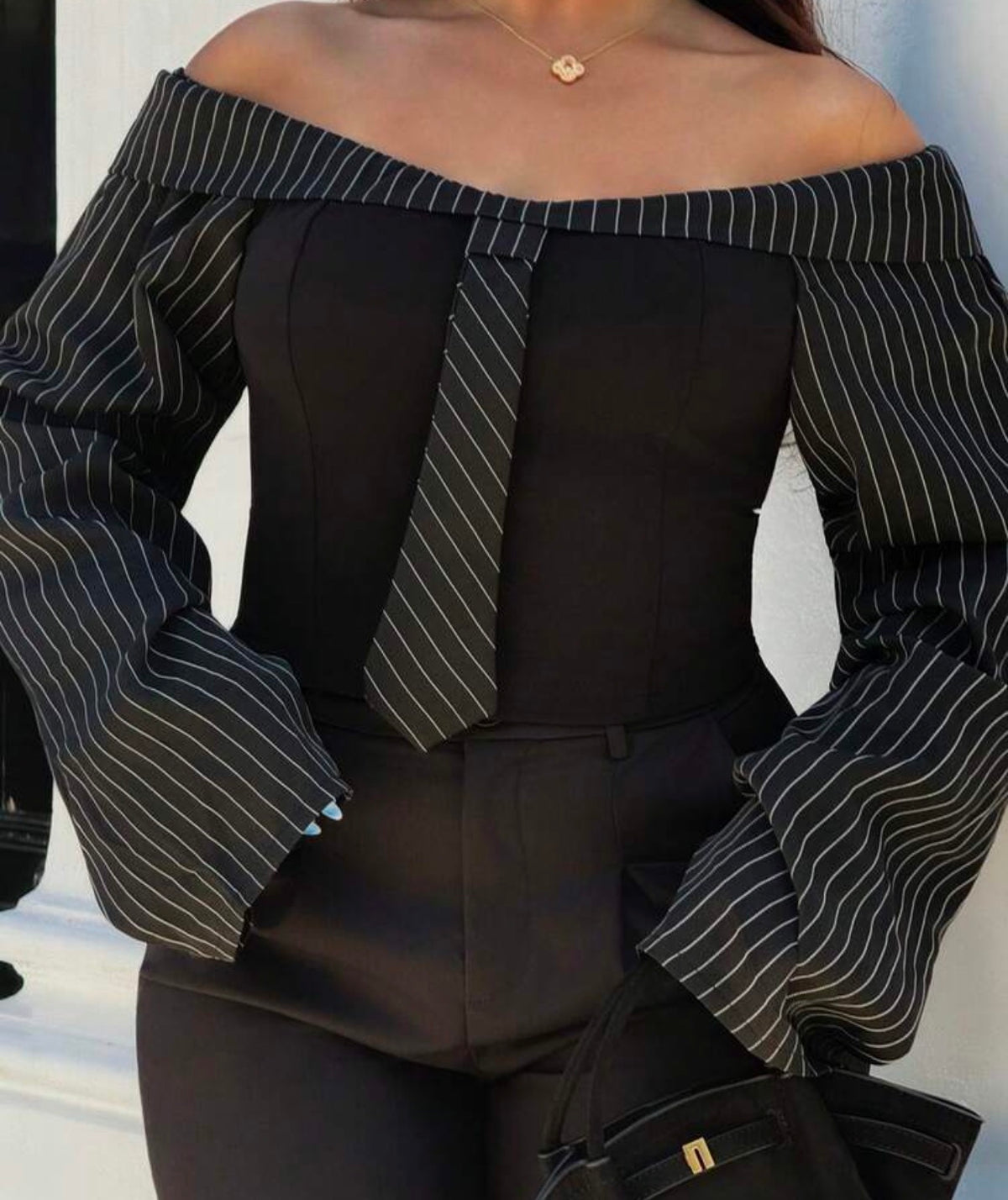 Pinstripe Off-the-Shoulder Top with Tie Detail