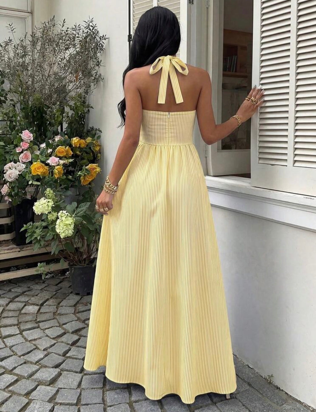 Striped Halter Neck A-Line Midi Dress