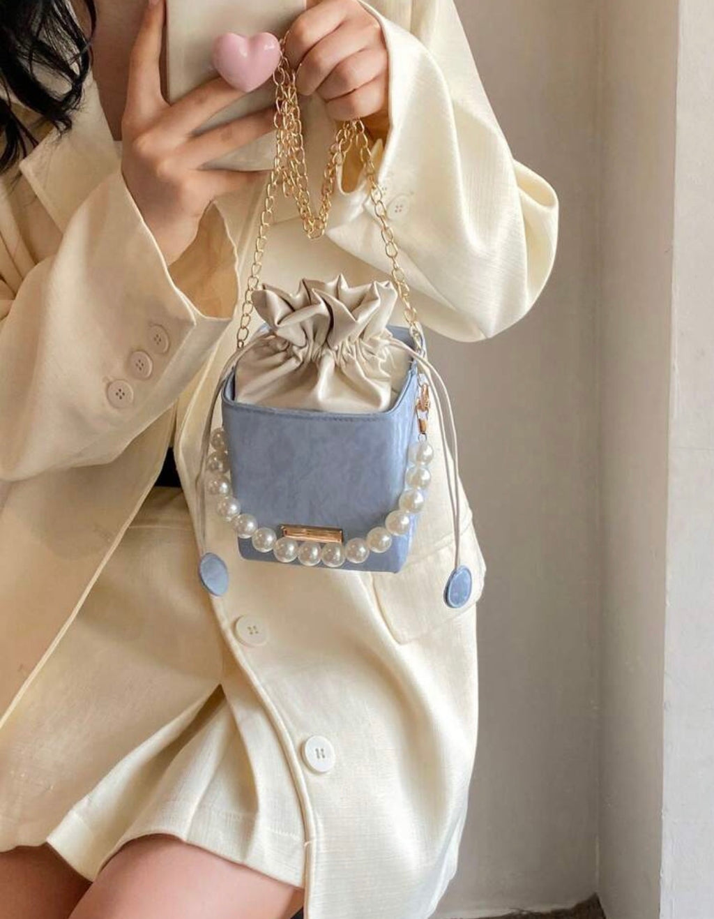 Pearl Strap Drawstring Bucket Bag