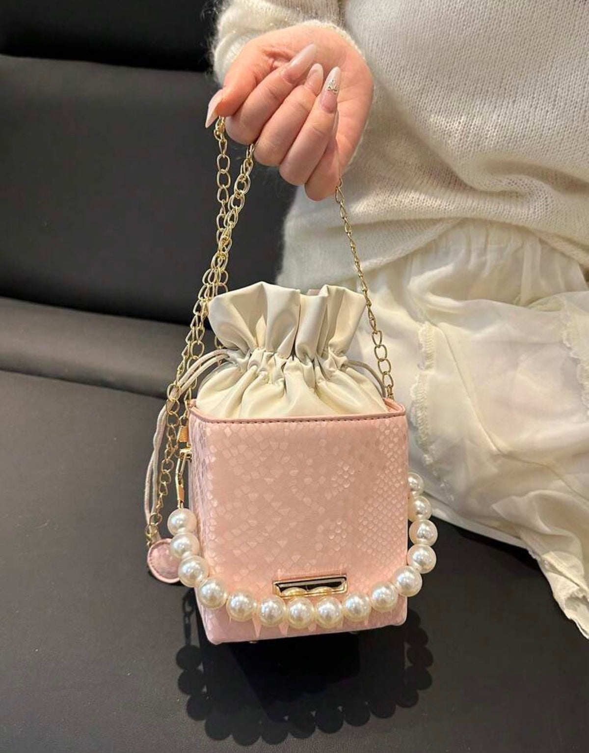 Pearl Strap Drawstring Bucket Bag