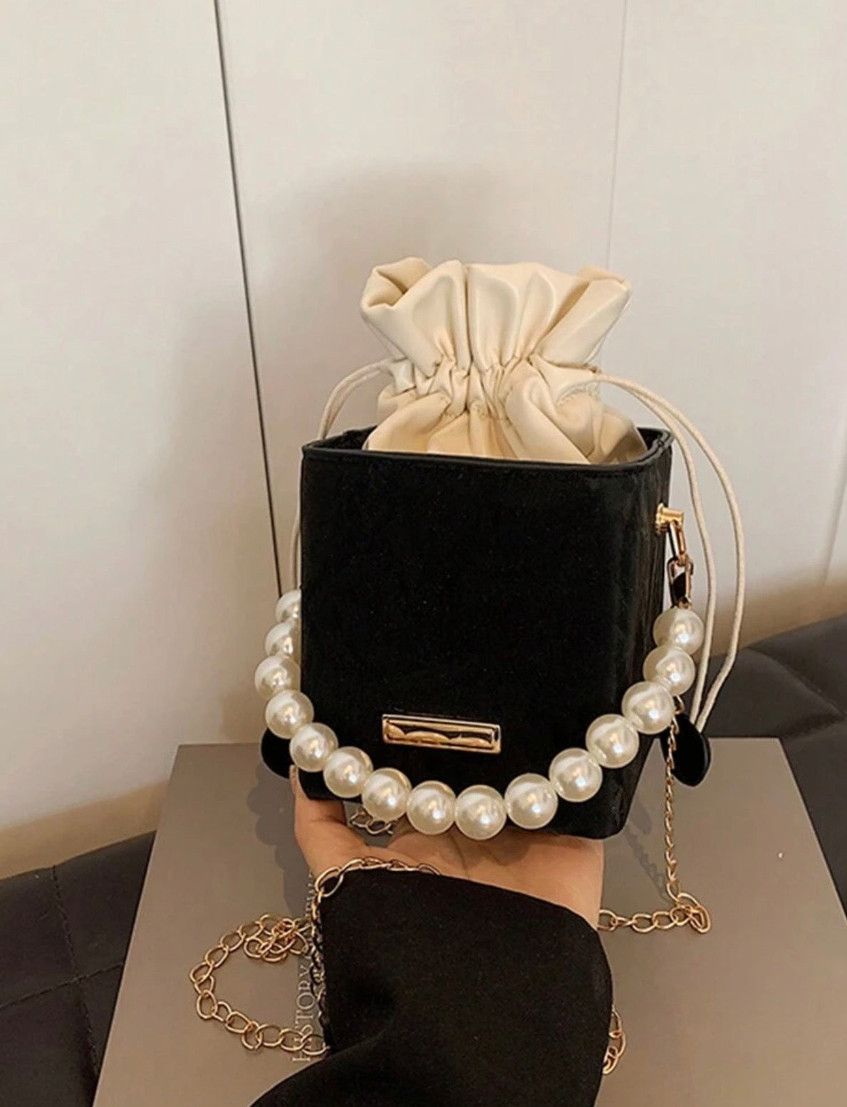 Pearl Strap Drawstring Bucket Bag