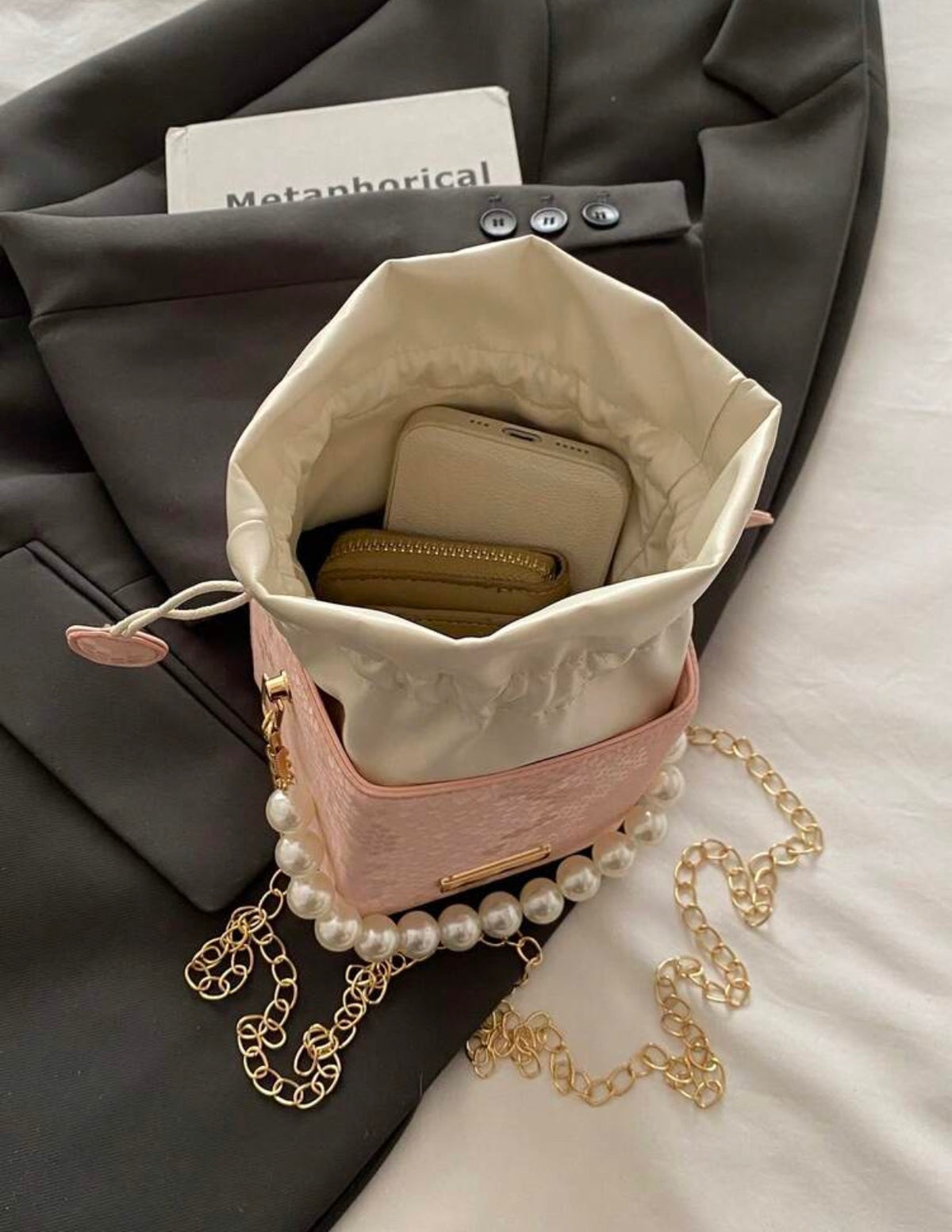 Pearl Strap Drawstring Bucket Bag
