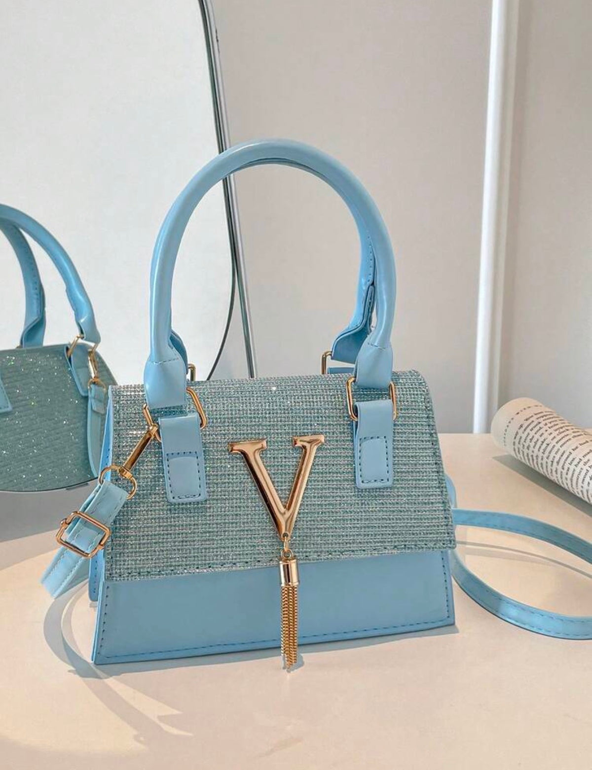 Sparkle Flap Handbag with Gold V-Tassel