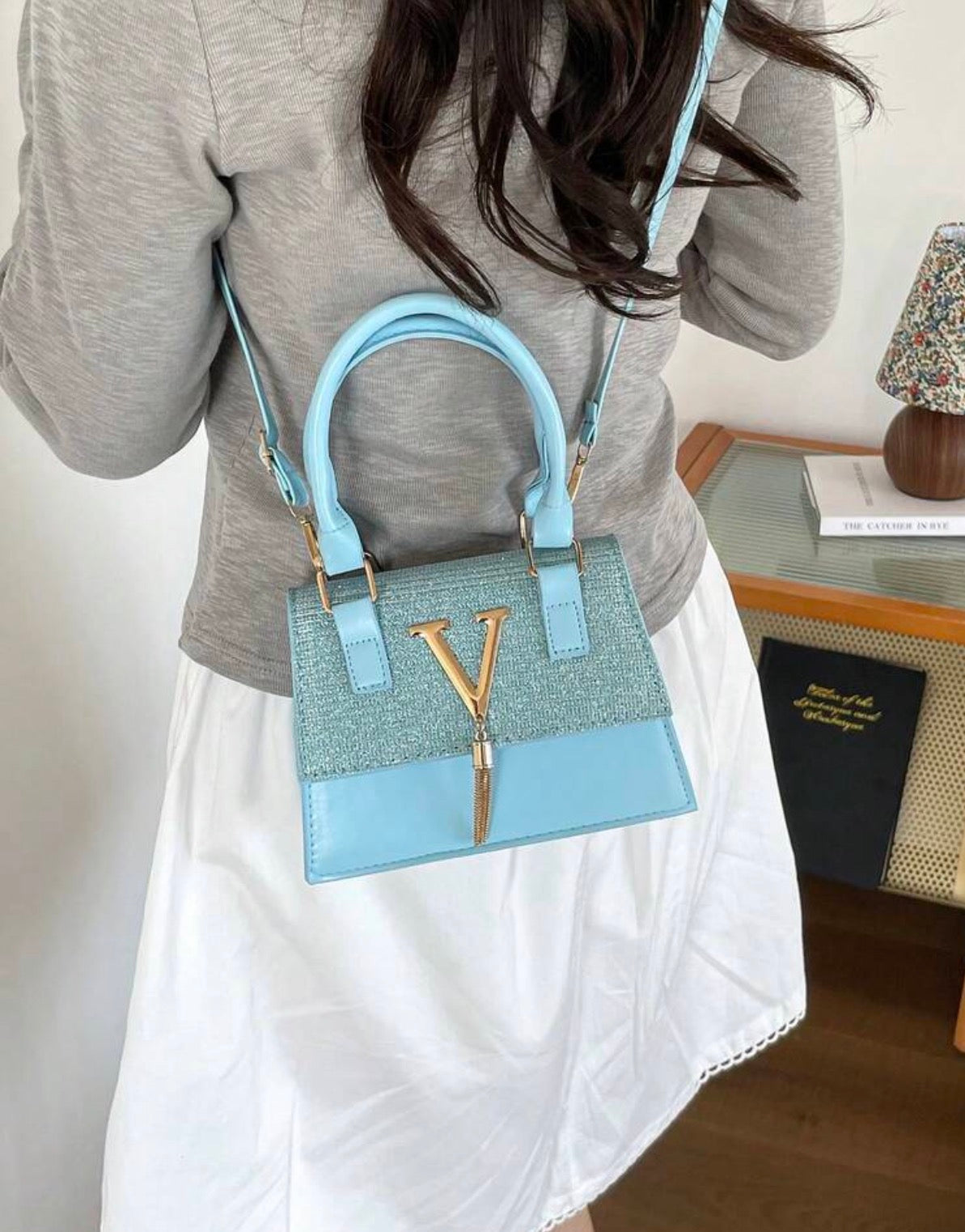 Sparkle Flap Handbag with Gold V-Tassel