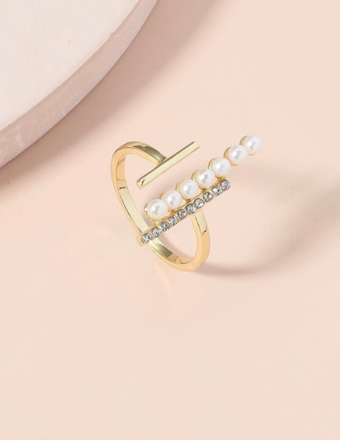 Adjustable Pearl & Crystal Adjustable Ring | Gold