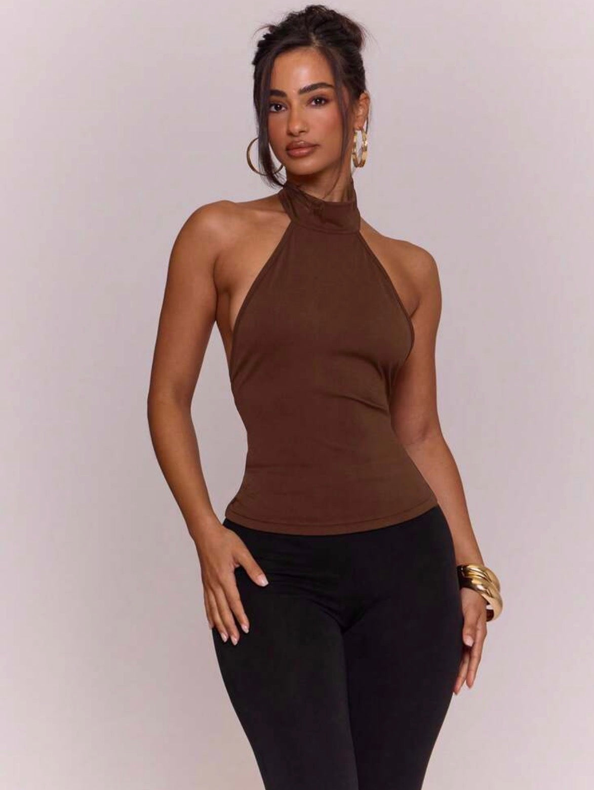 High-Neck Halter Backless Fitted Top