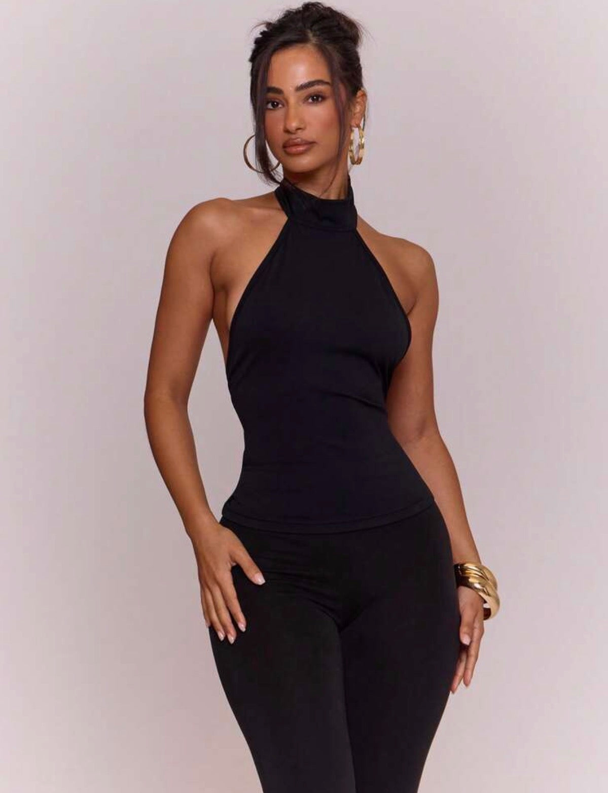High-Neck Halter Backless Fitted Top