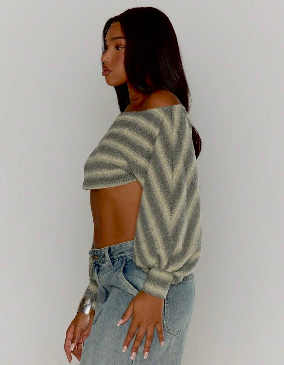 Striped Off-Shoulder Ultra-Crop Knit Sweater
