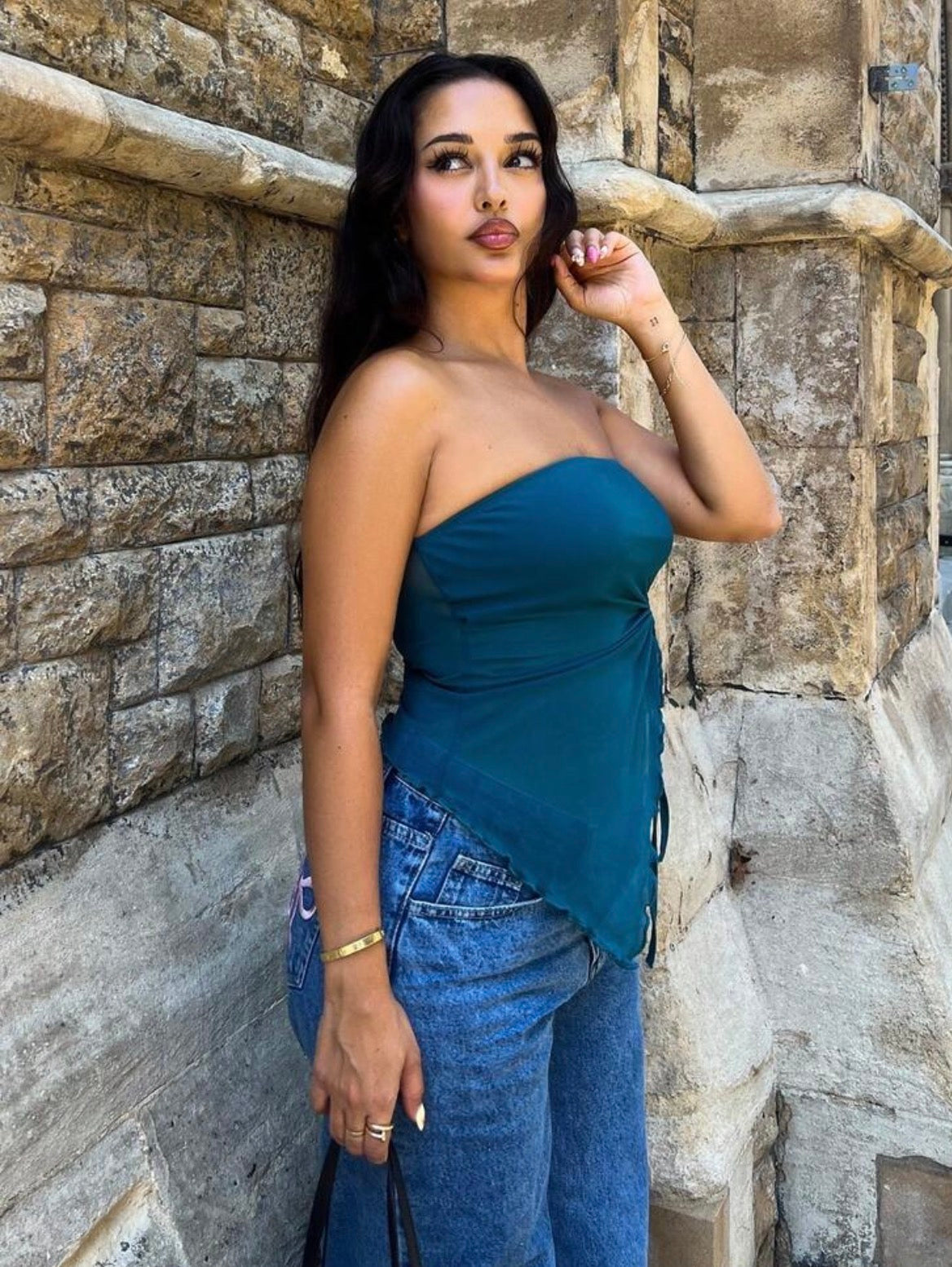 Mesh Strapless Drawstring Asymmetric Tube Top