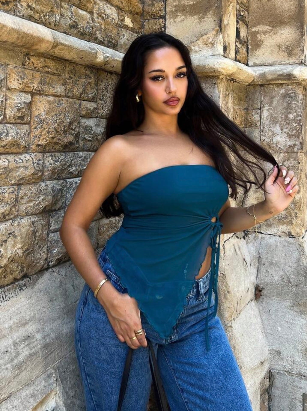 Mesh Strapless Drawstring Asymmetric Tube Top