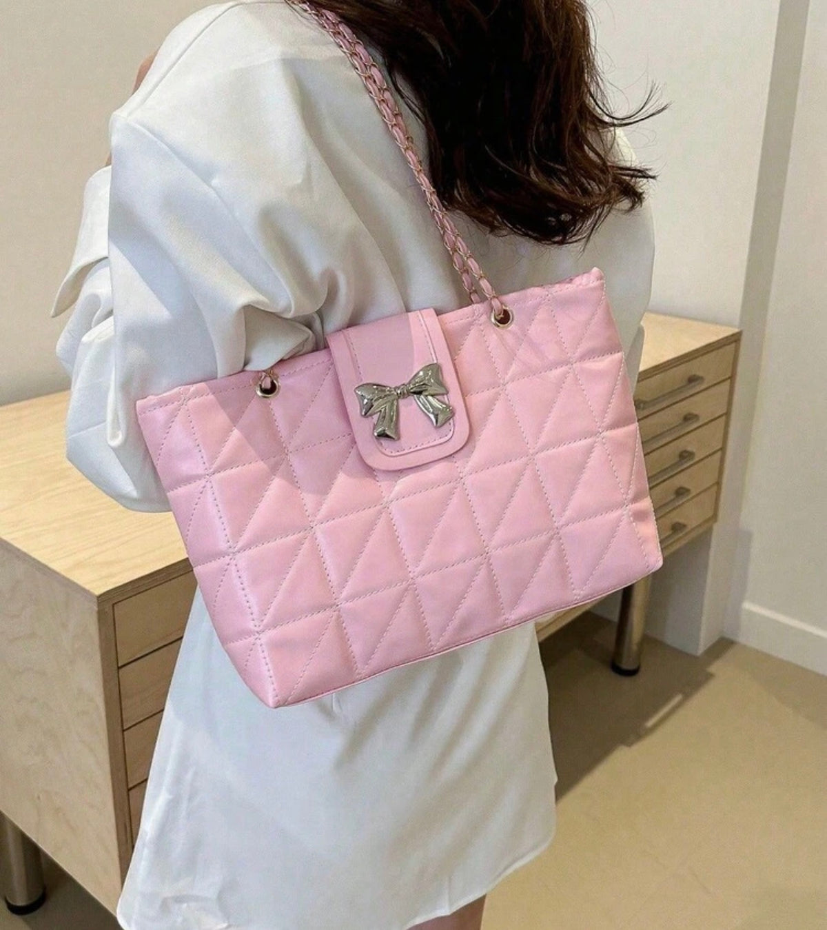 Quilted Bow Shoulder Bag with Chain Strap