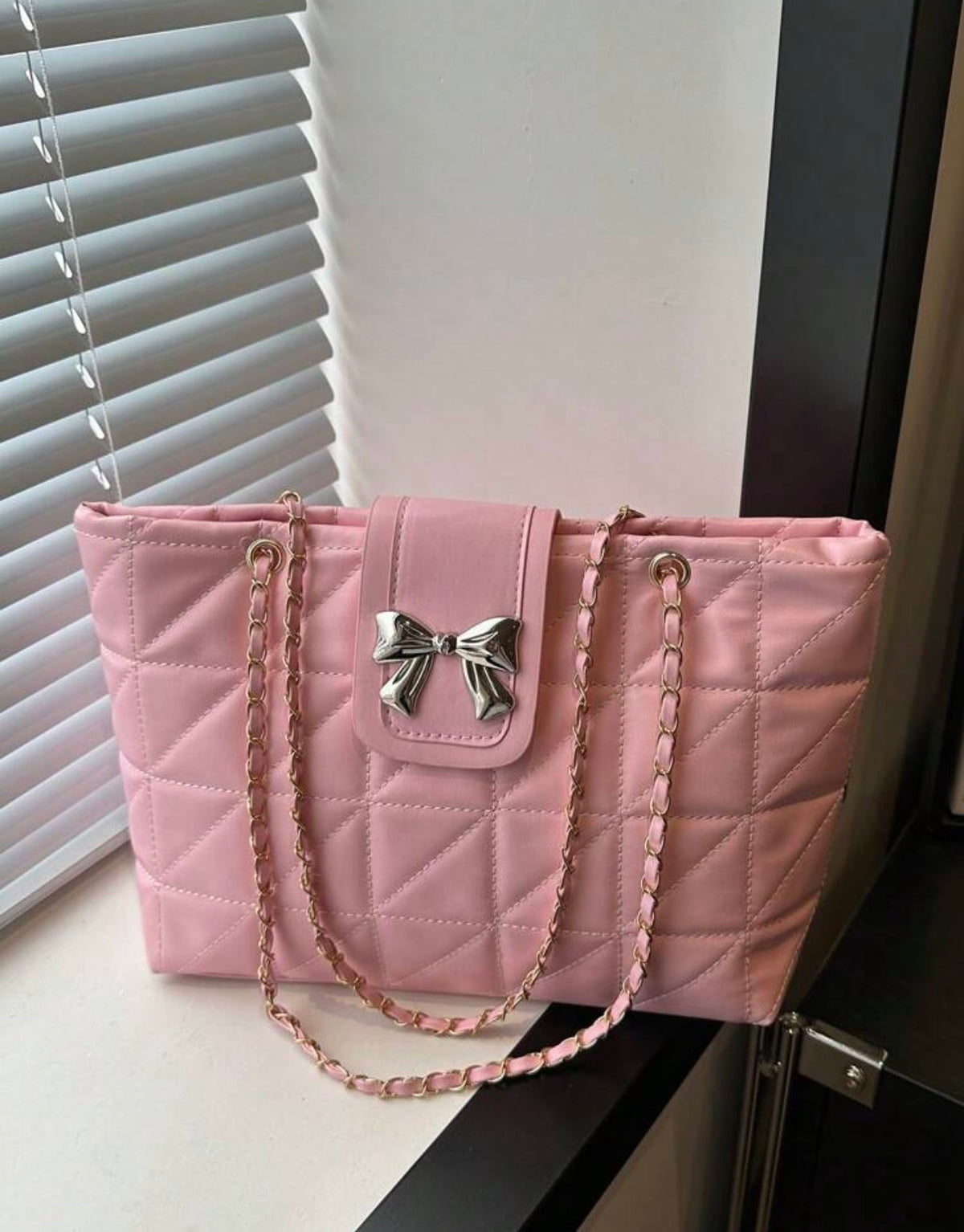 Quilted Bow Shoulder Bag with Chain Strap