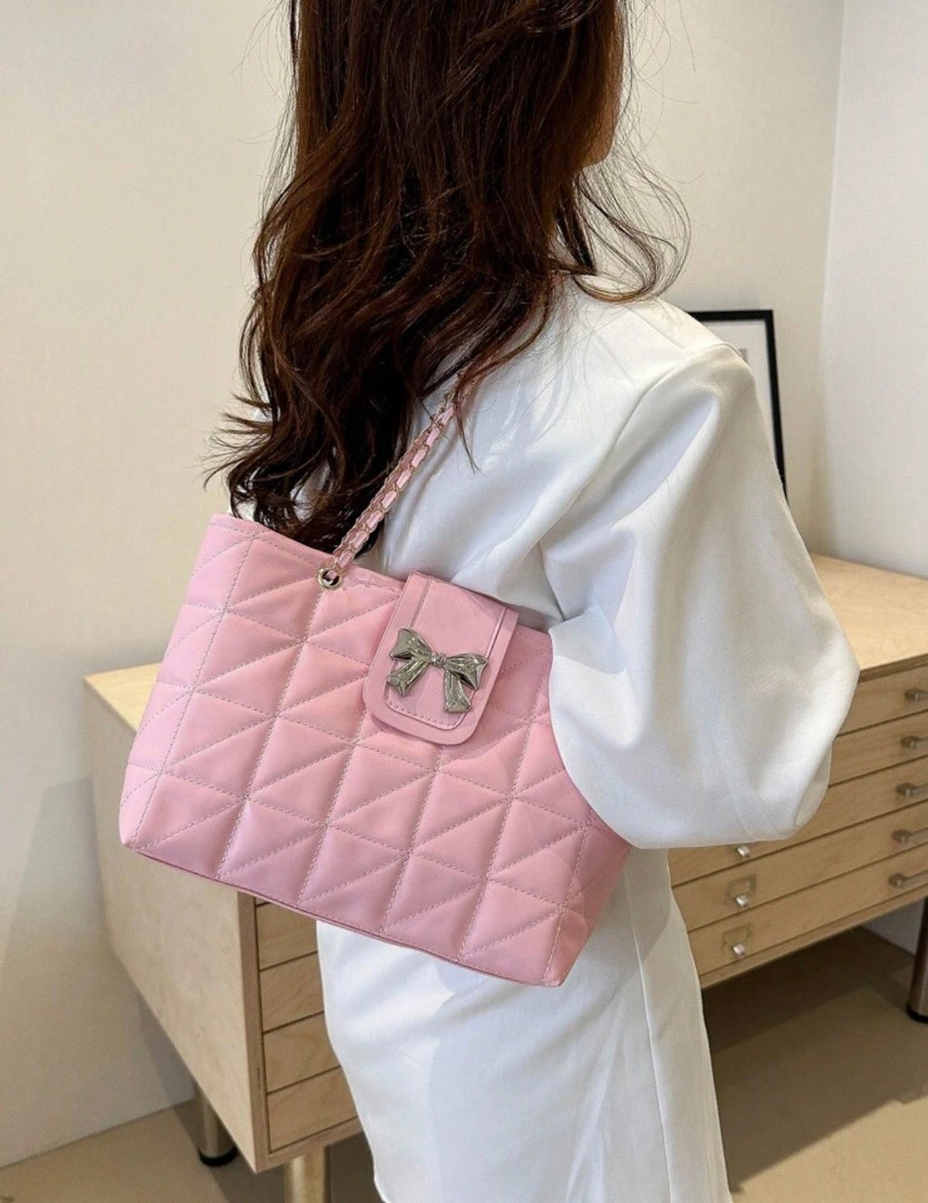 Quilted Bow Shoulder Bag with Chain Strap