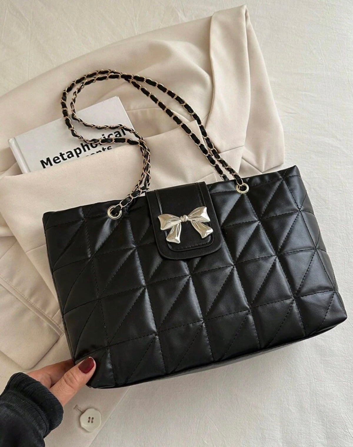 Quilted Bow Shoulder Bag with Chain Strap