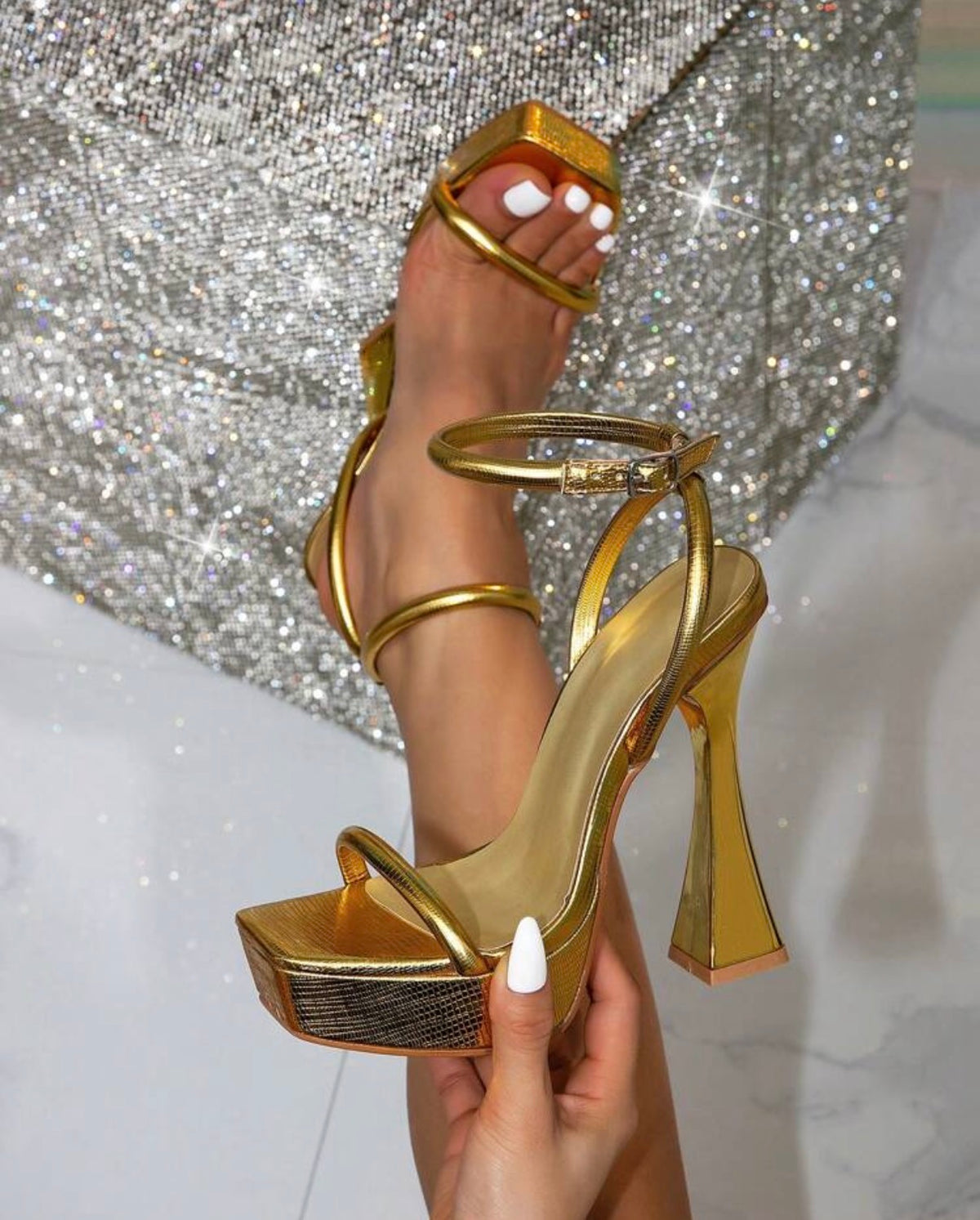 Square Toe Platform Sculpted Flare High Heels with Ankle Strap