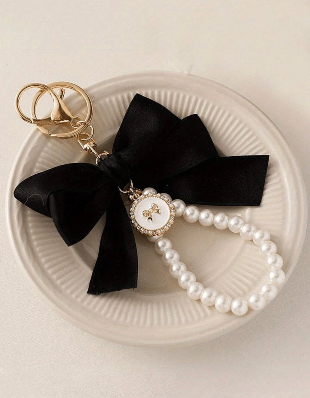 Vintage Pearl Bracelet & Black Velvet Bow Bag Charm