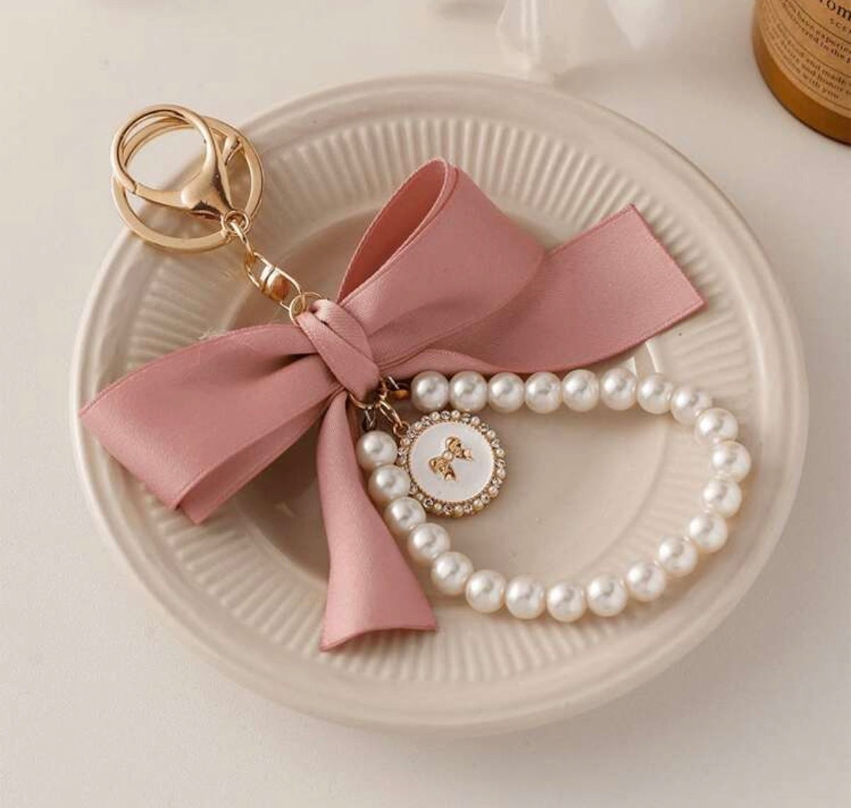 Vintage Pearl Bracelet & Black Velvet Bow Bag Charm