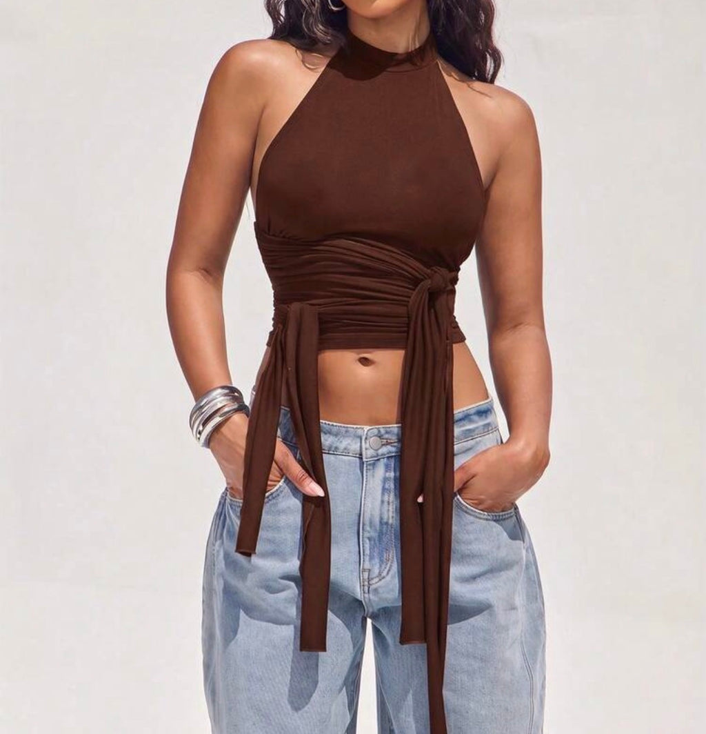 Elegant White High-Neck Wrap Tie Halter Top