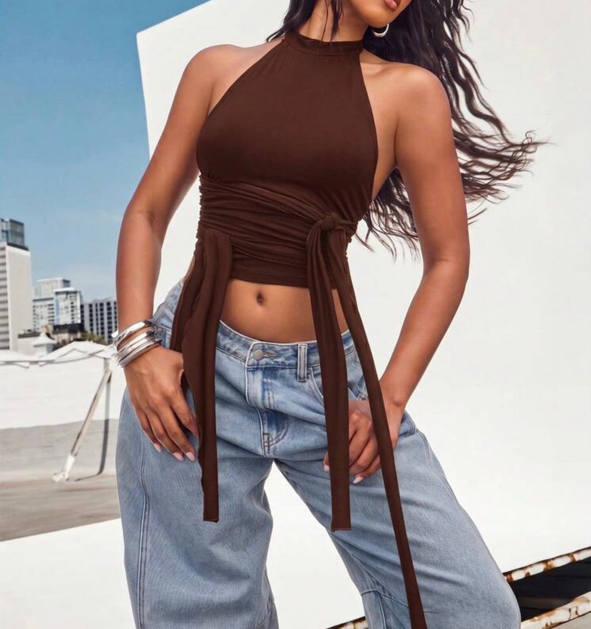 Elegant White High-Neck Wrap Tie Halter Top