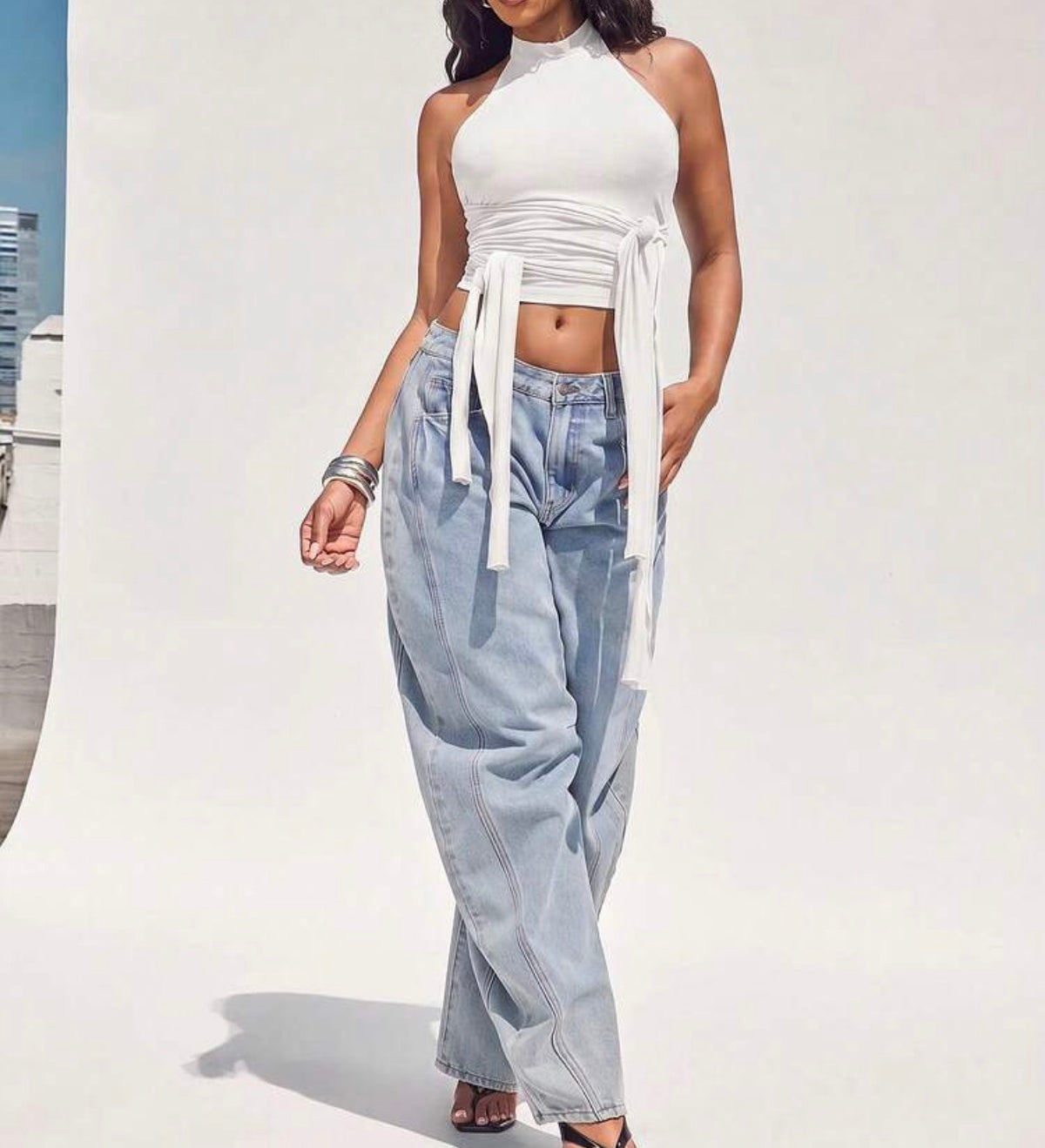 Elegant White High-Neck Wrap Tie Halter Top