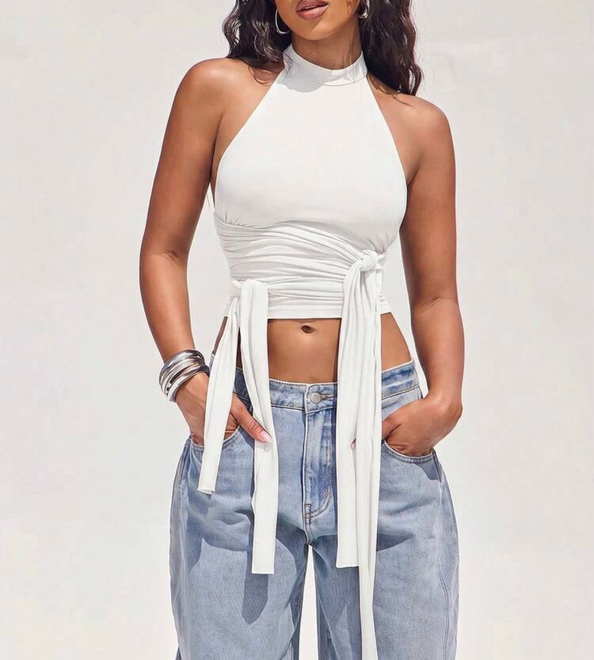 Elegant White High-Neck Wrap Tie Halter Top