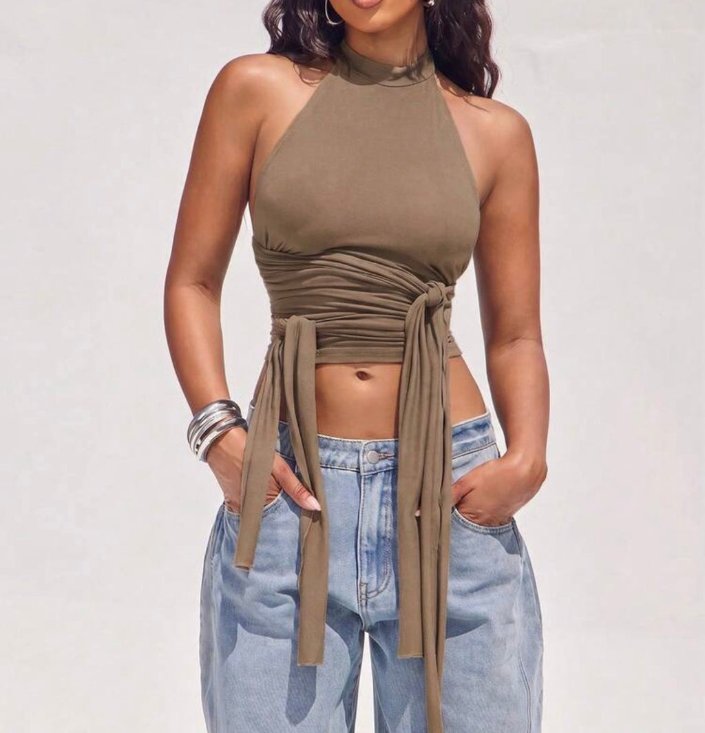 Elegant White High-Neck Wrap Tie Halter Top