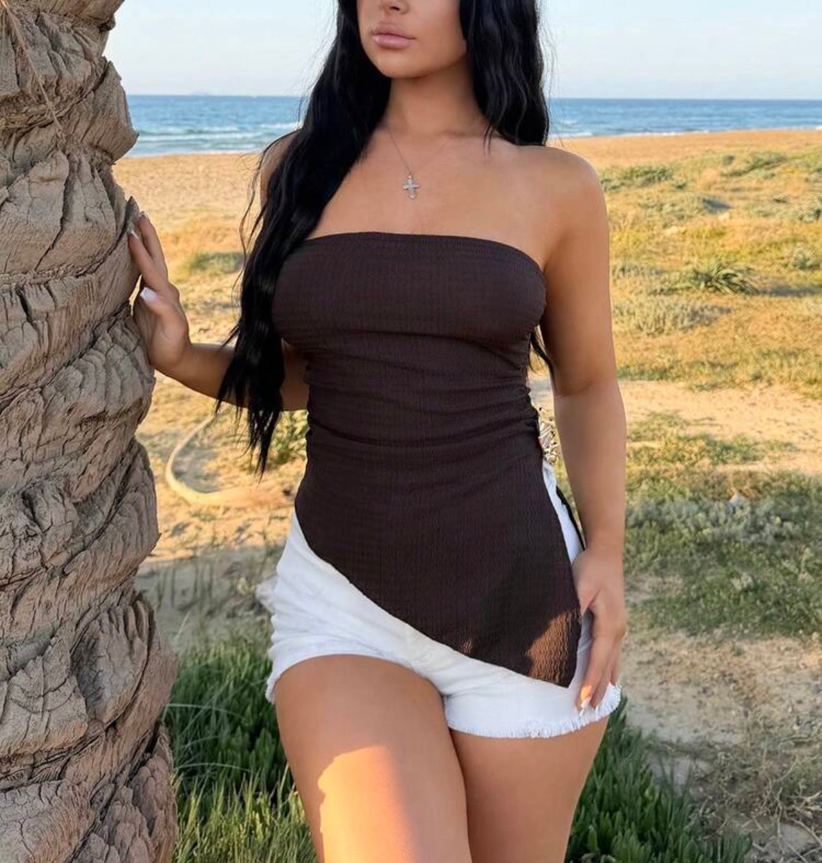 Textured Brown Asymmetric Side-Split Tube Top