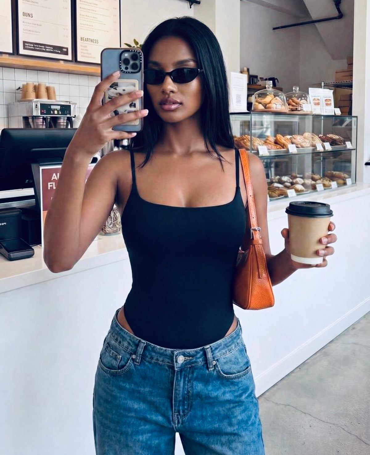 Black Minimalist Spaghetti Strap Bodysuit