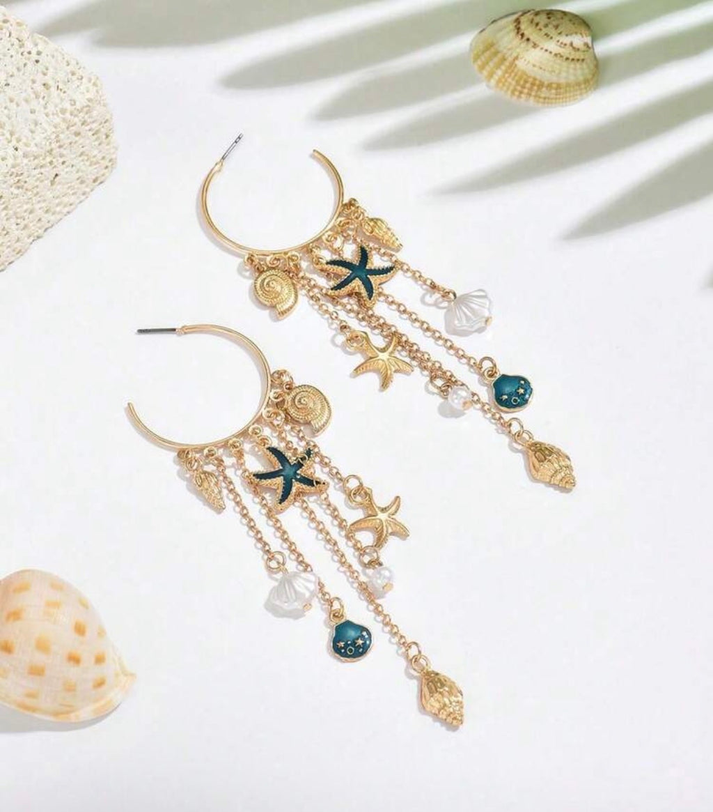 Ocean Theme Shell and Starfish Charm Dangle Earrings