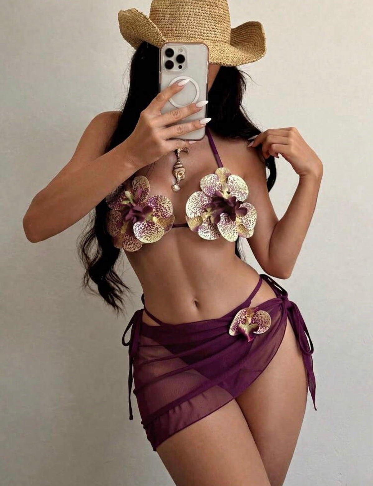 Plum Purple 3-Piece Orchid Floral Bikini