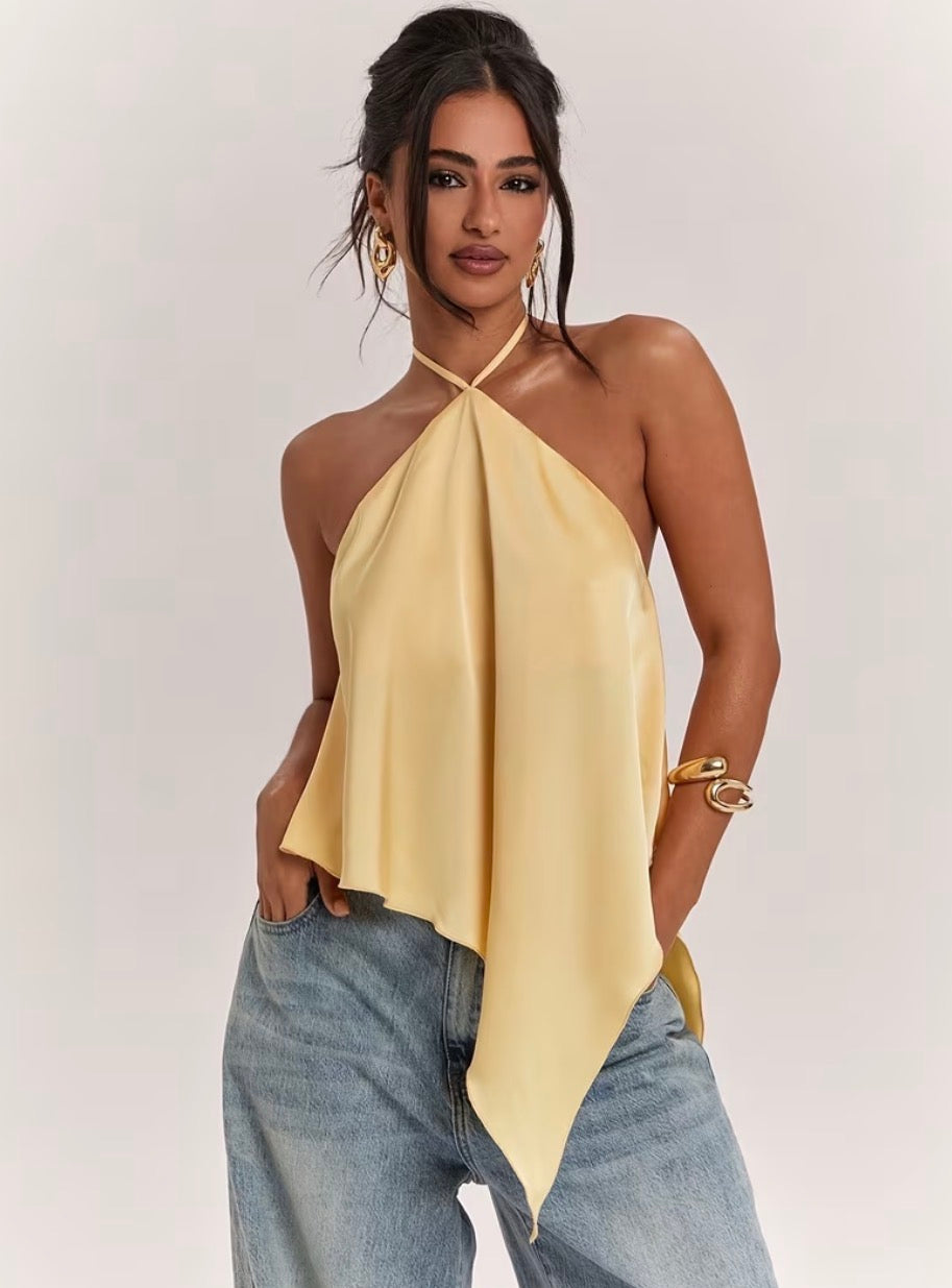 Asymmetric Halter Satin Top (Butter Yellow)