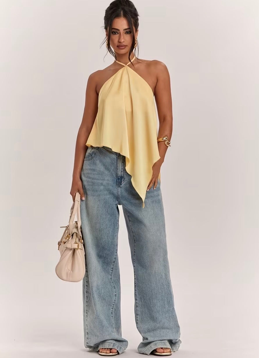 Asymmetric Halter Satin Top (Butter Yellow)